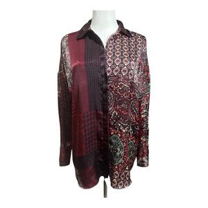 Zara Basic Women’s Size Small Red Satin Button Down BOHO Patchwork Blouse